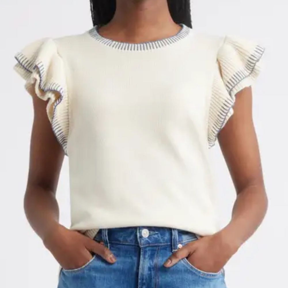 Treasure & Bond Cream Ruffle Sleeve Knit Top with Black Trim